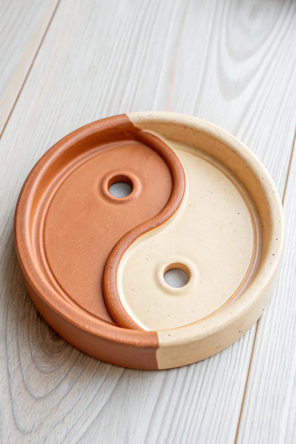 Minimal yin-yang clay ashtray in terracotta and cream, glossy sealed and handmade.
