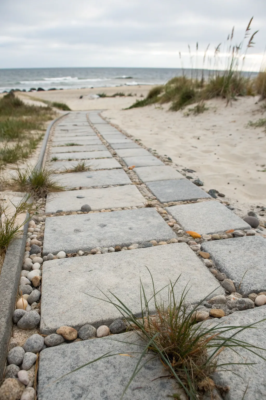 Spaced stone pavers with sea-glass gravel create a calm coastal path with minimalist charm.