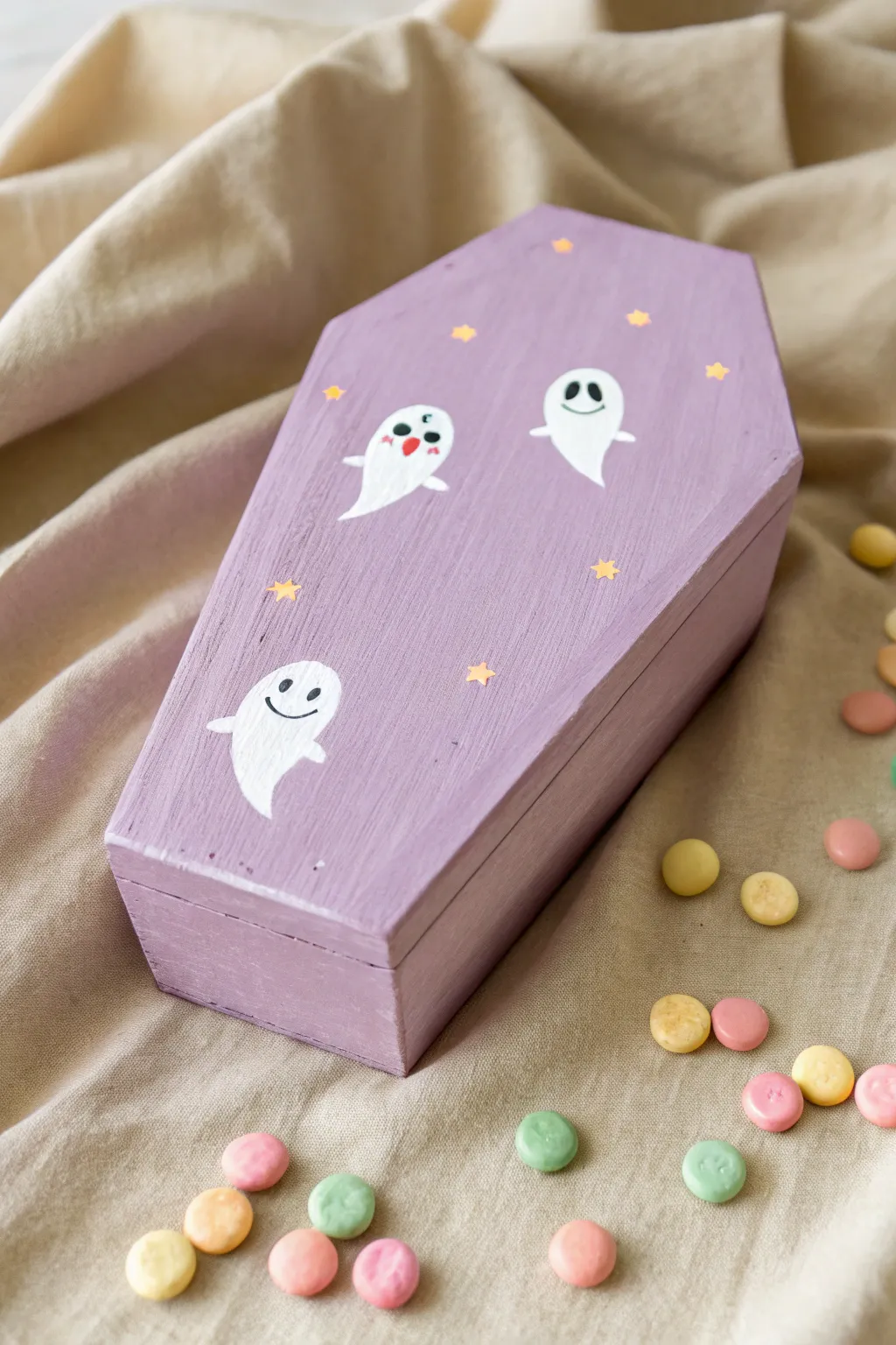 Candy-color coffin with cute smiling ghosts, a sweet pastel Halloween painting idea to copy