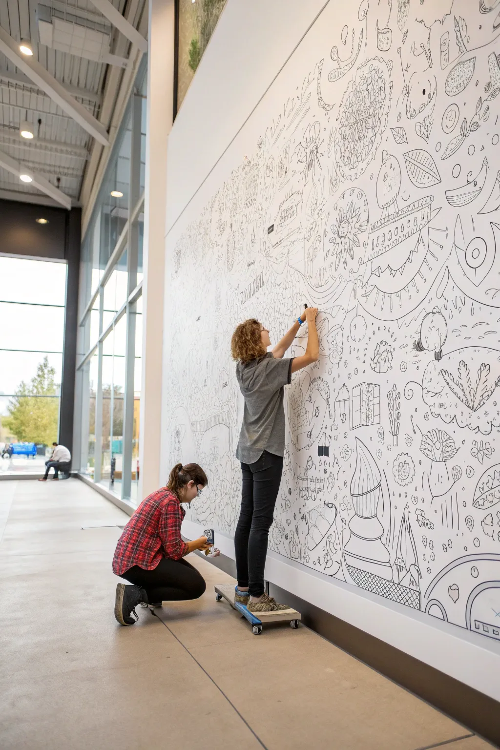 Pass-the-section doodle wall with clear handoff seams and mixed styles for a shared mural moment