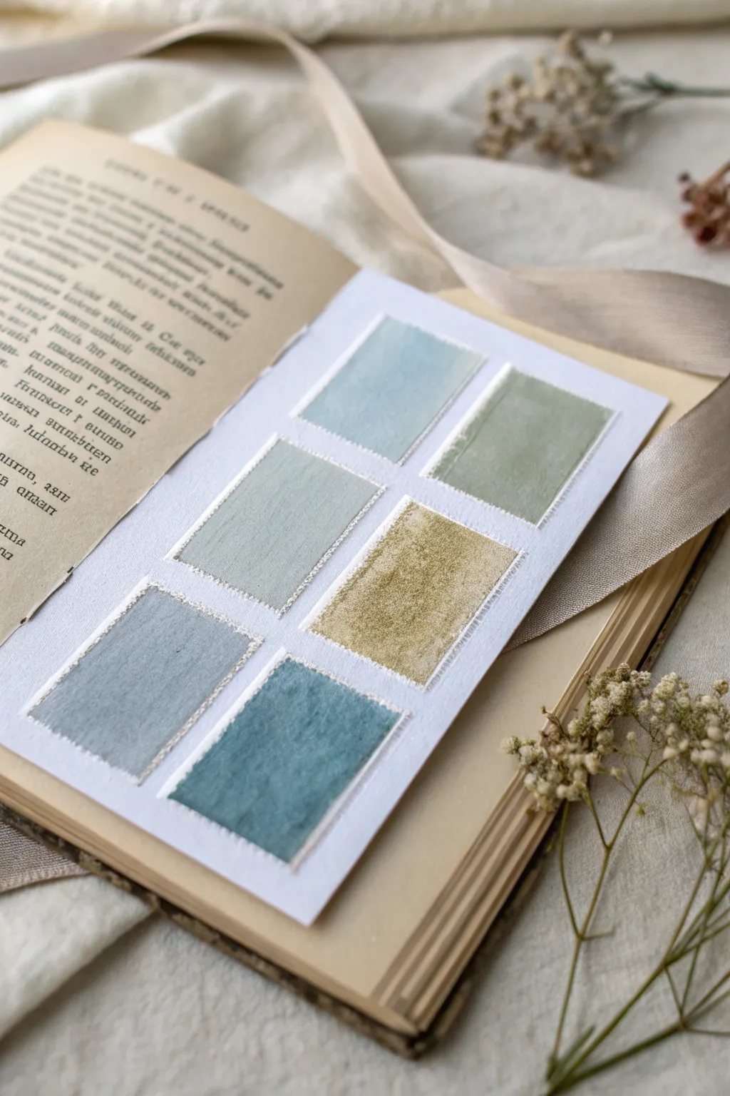 Historical Romance Hues: dusty blue, sage, soft gray and antique gold on a vintage swatch card