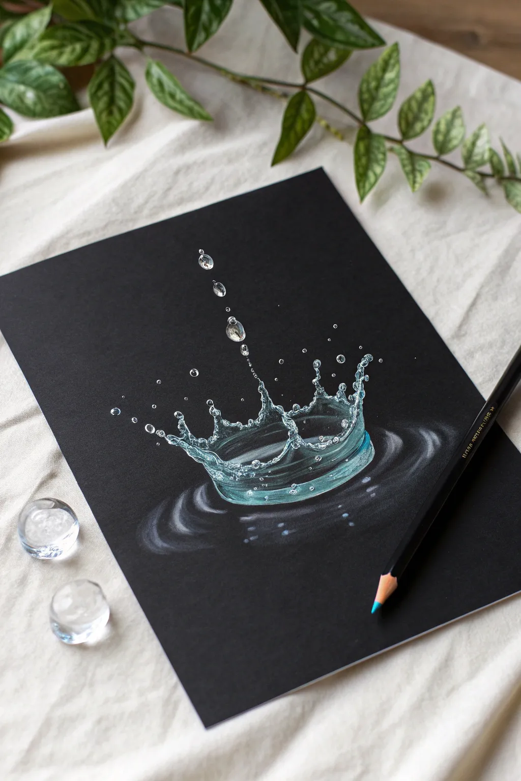 Pale blue splash and beadlike droplets on black paper for crisp, high-contrast colored pencil magic.