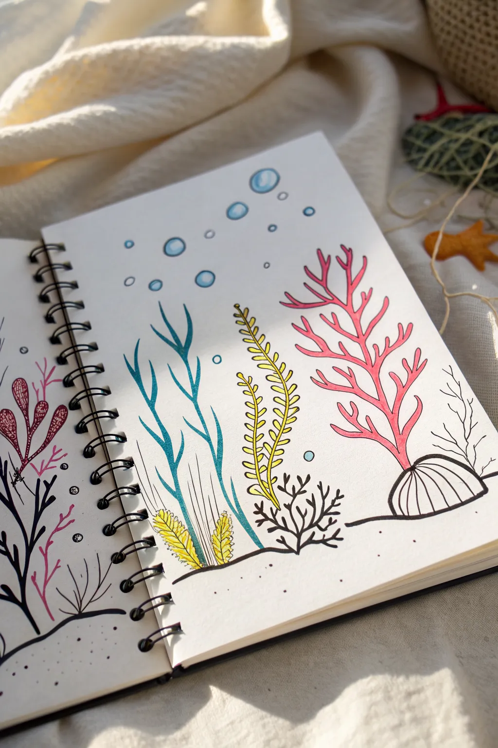 Neon underwater doodles with bold black outlines, coral and seaweed shapes, and playful bubbles.