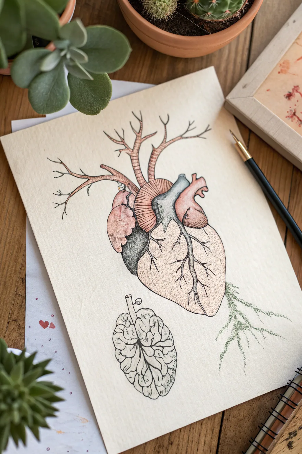 Heart and brain intertwined by roots, a minimalist boho sketch for soulful connection drawing