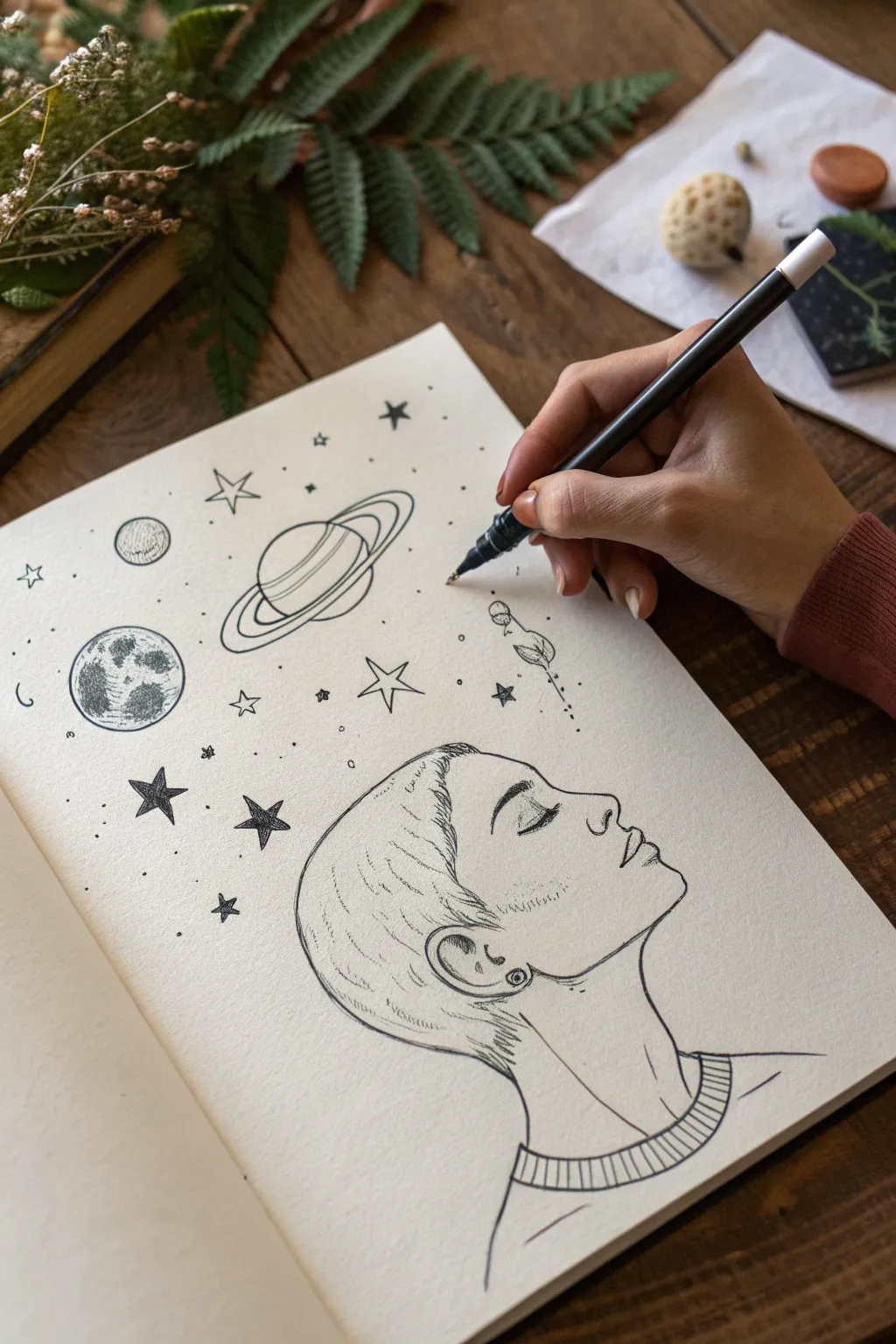 Planets spilling from a cracked head silhouette, minimalist ink and pencil space sketch.