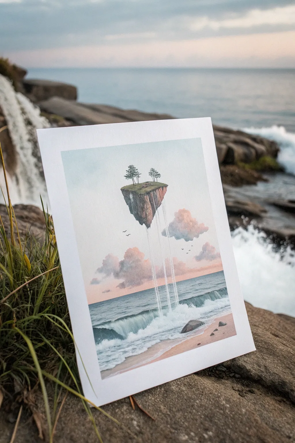 Dreamy floating island art idea: minimal lines, soft watercolor washes, and a surreal sky vibe