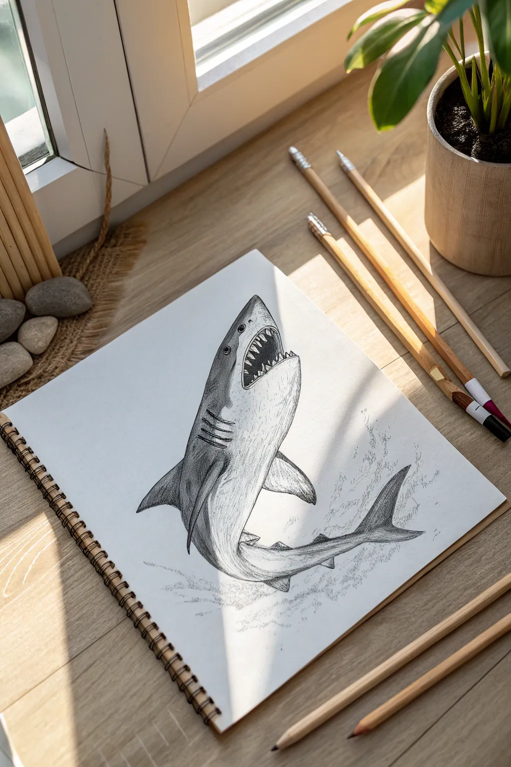 Dive into creativity with this dynamic shark sketch idea, perfect for mastering movement and contrast.