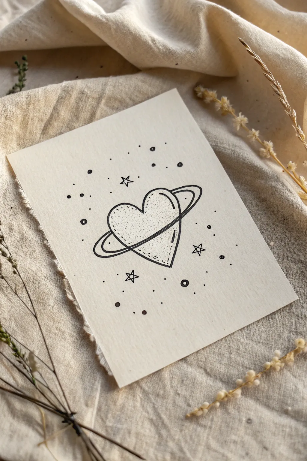 Cosmic heart planet drawing with a sleek orbit ring and tiny stars for a dreamy minimalist vibe