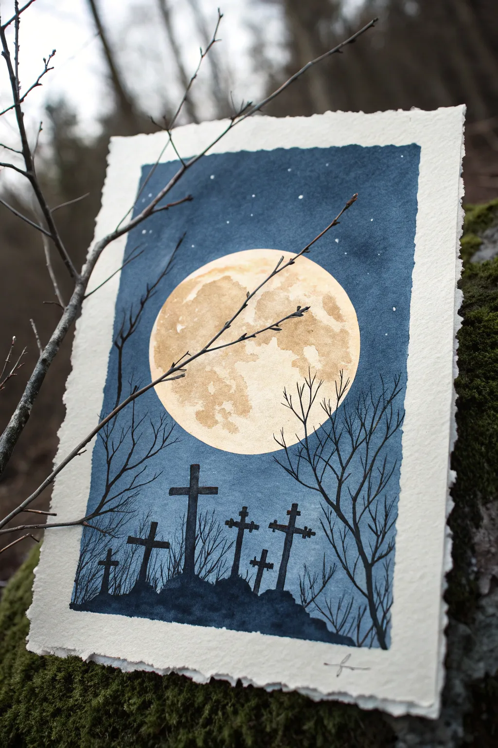 Cool painting idea: a glowing oversized moon with lace-like bare branches in minimalist contrast