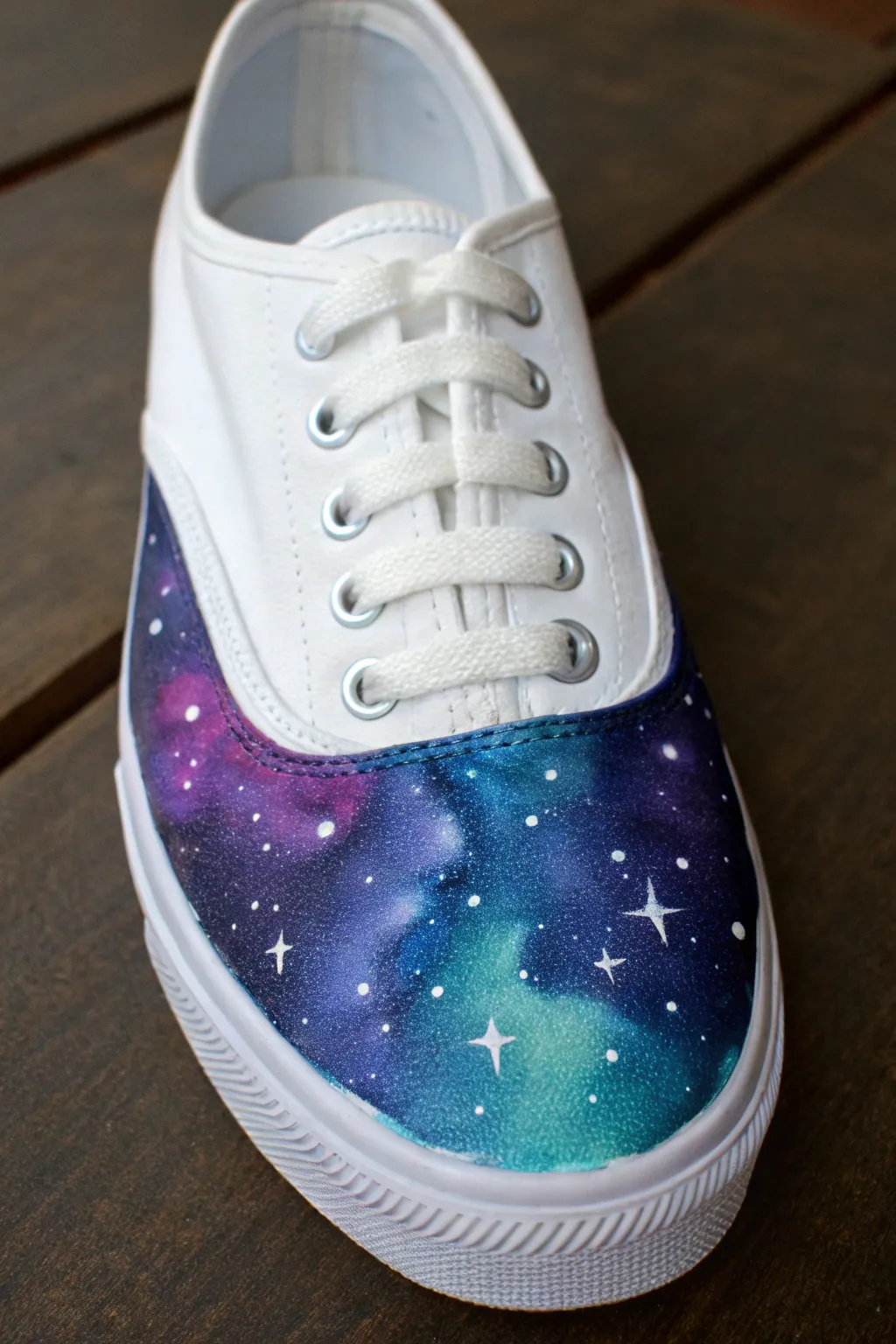 Galaxy night sky sneaker art with deep blues, soft nebula clouds, and crisp star splatter