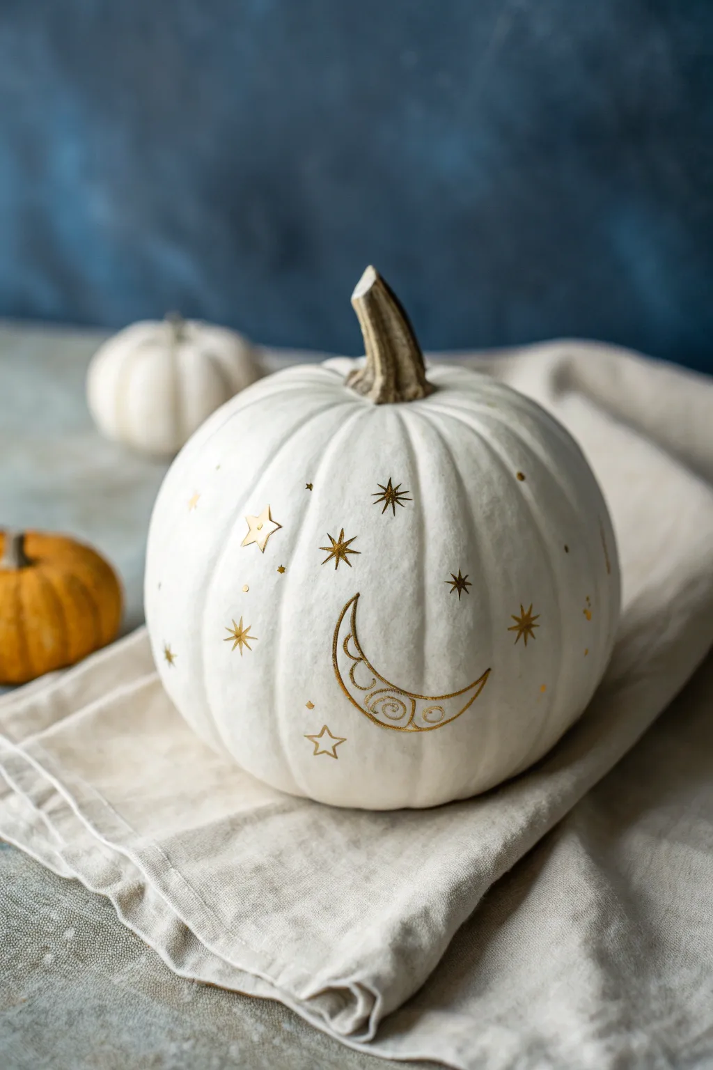 Cool white pumpkin with metallic moons and stars, glowing softly in dreamy dusk light
