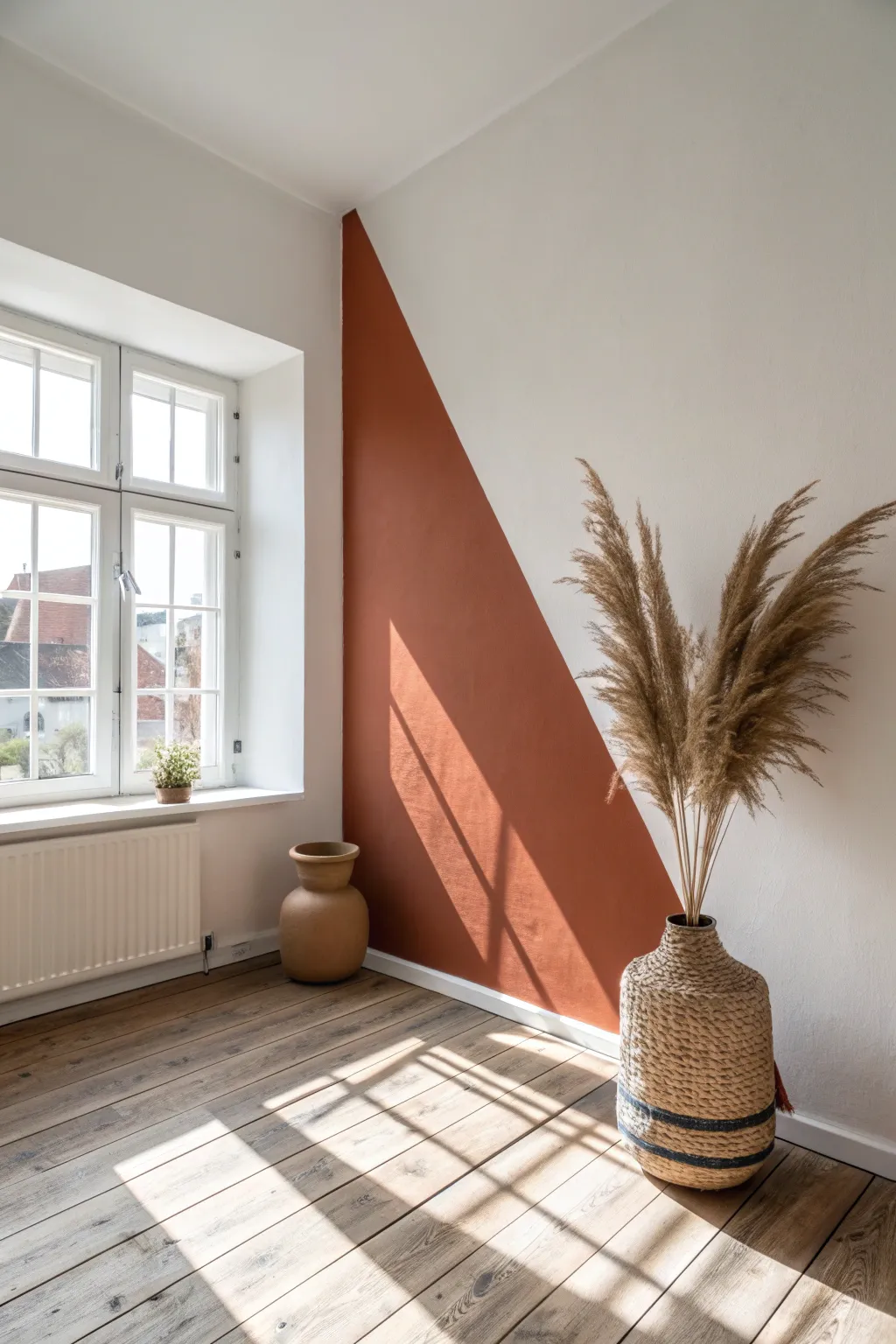 A bold corner triangle paint spotlight that adds instant drama in a calm, minimalist space
