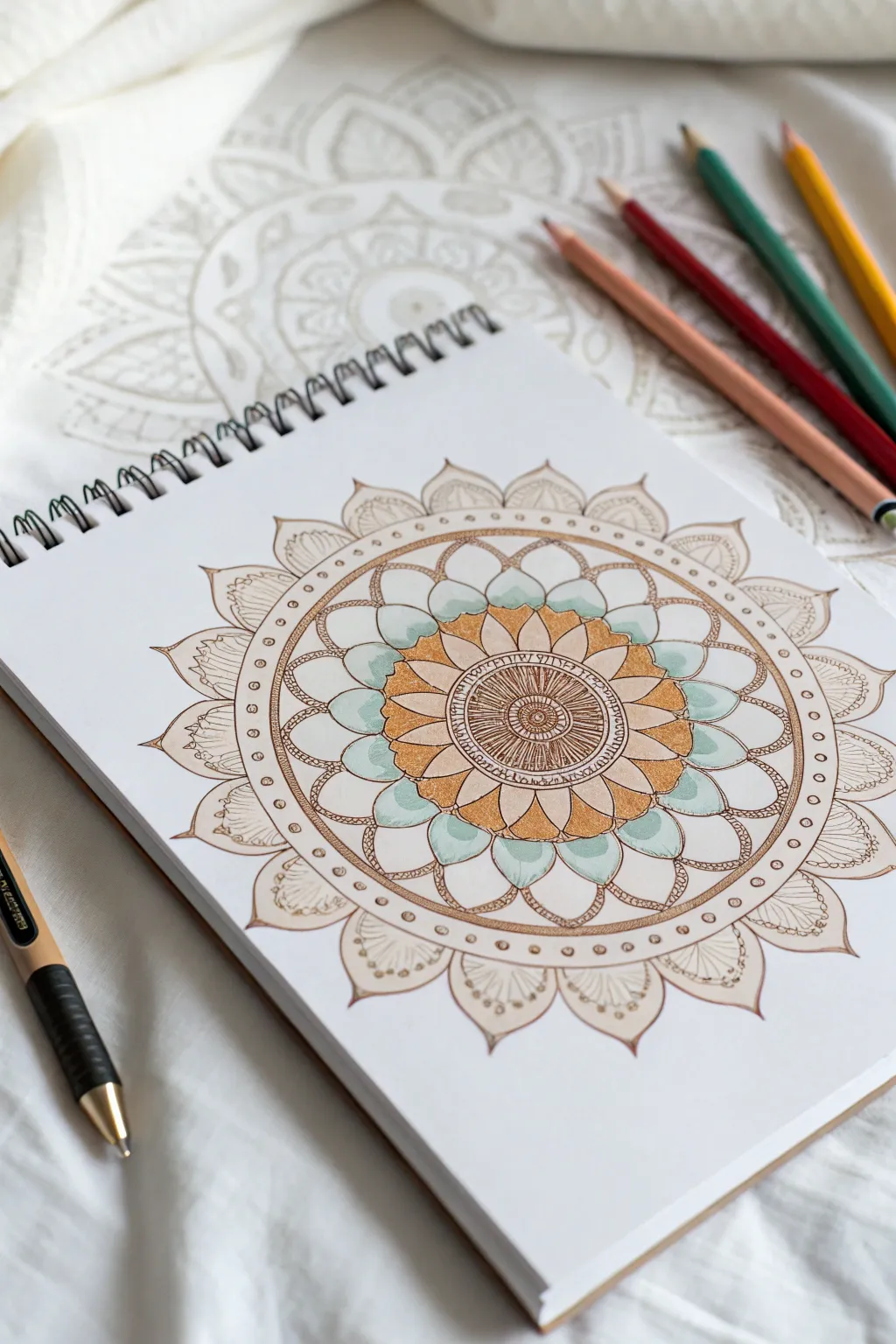 Calm mandala crayon layering with earthy tones, crisp texture, and a clean minimal flat lay