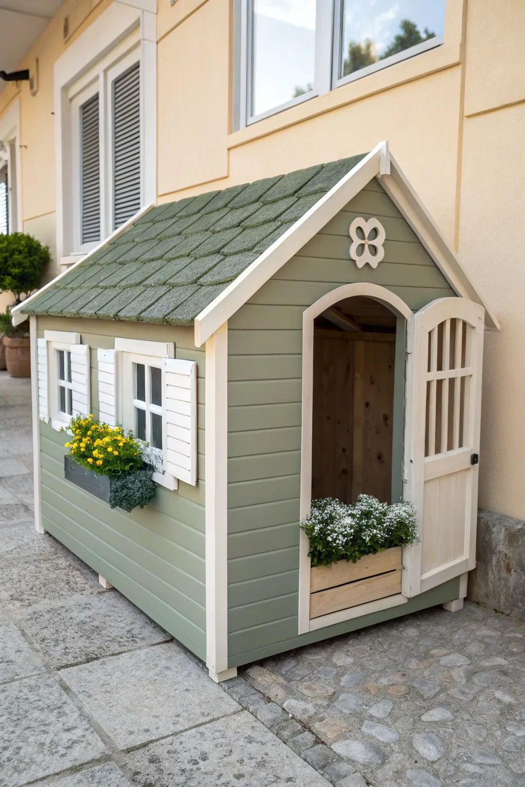 Minimal dog house glow-up with painted windows, shutters, and a charming faux flower box.