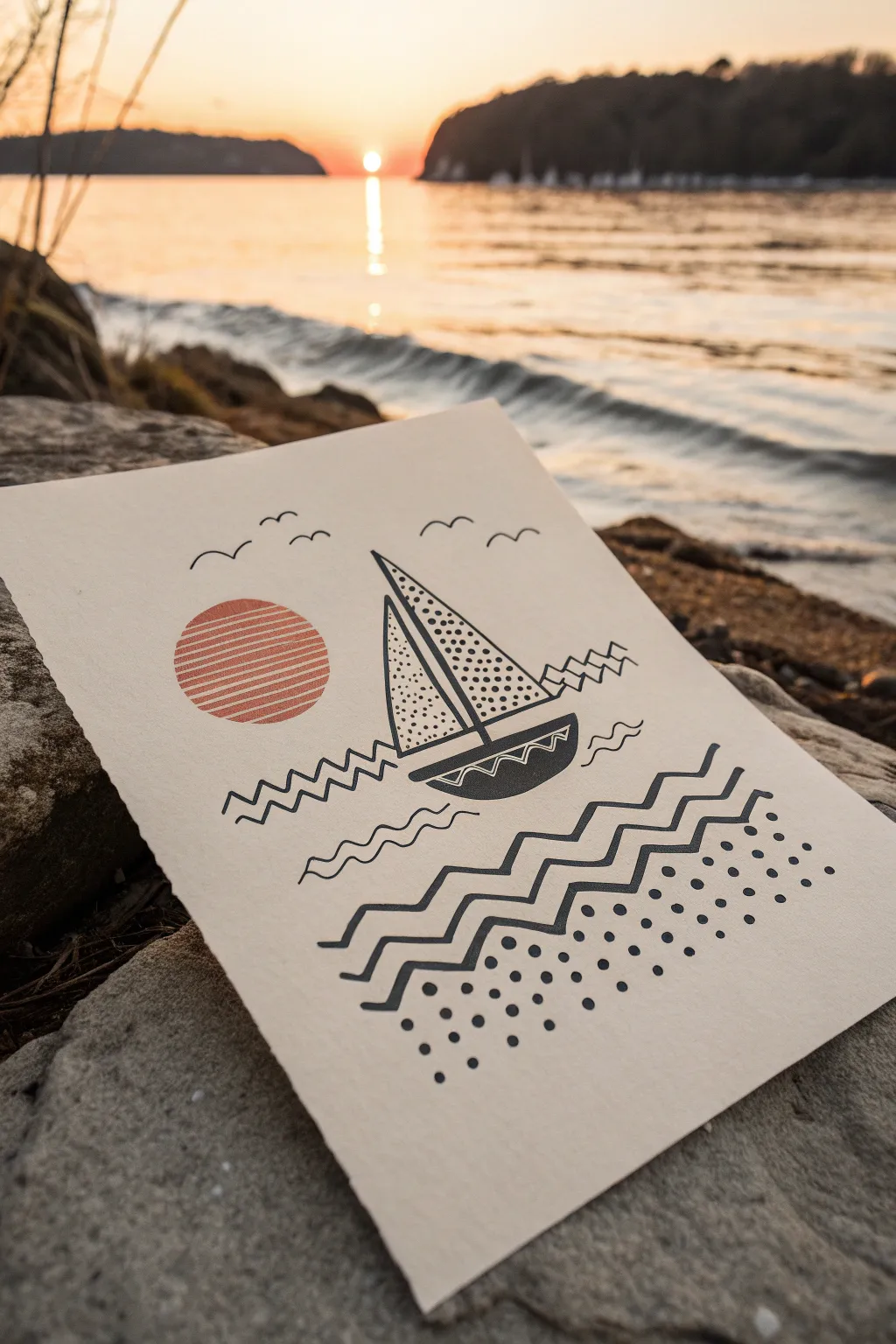 Boat on patterned waves with bold outlines, boho repeats, and a simple sunset circle to copy