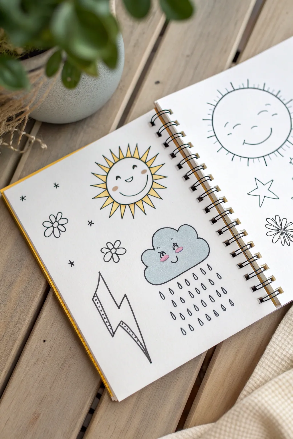 Sweet weather doodles with faces on a clean sketchbook page, perfect for kid drawing prompts