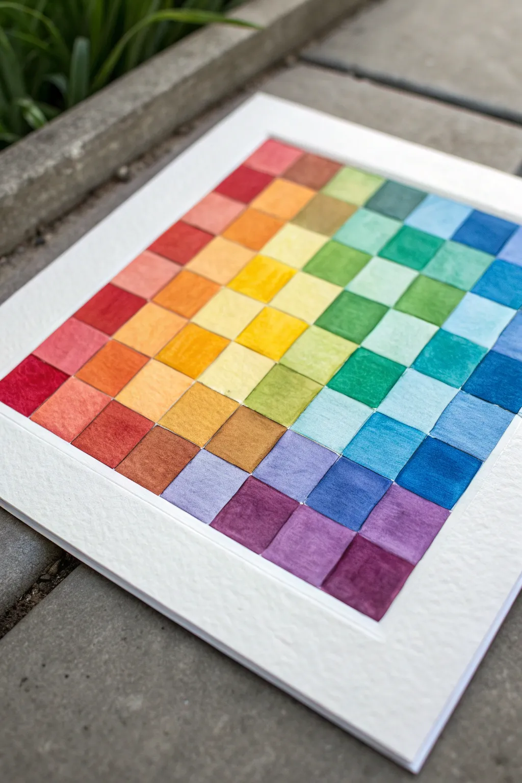 Rainbow checkerboard blocks with subtle shading, a minimalist grid with boho warmth.