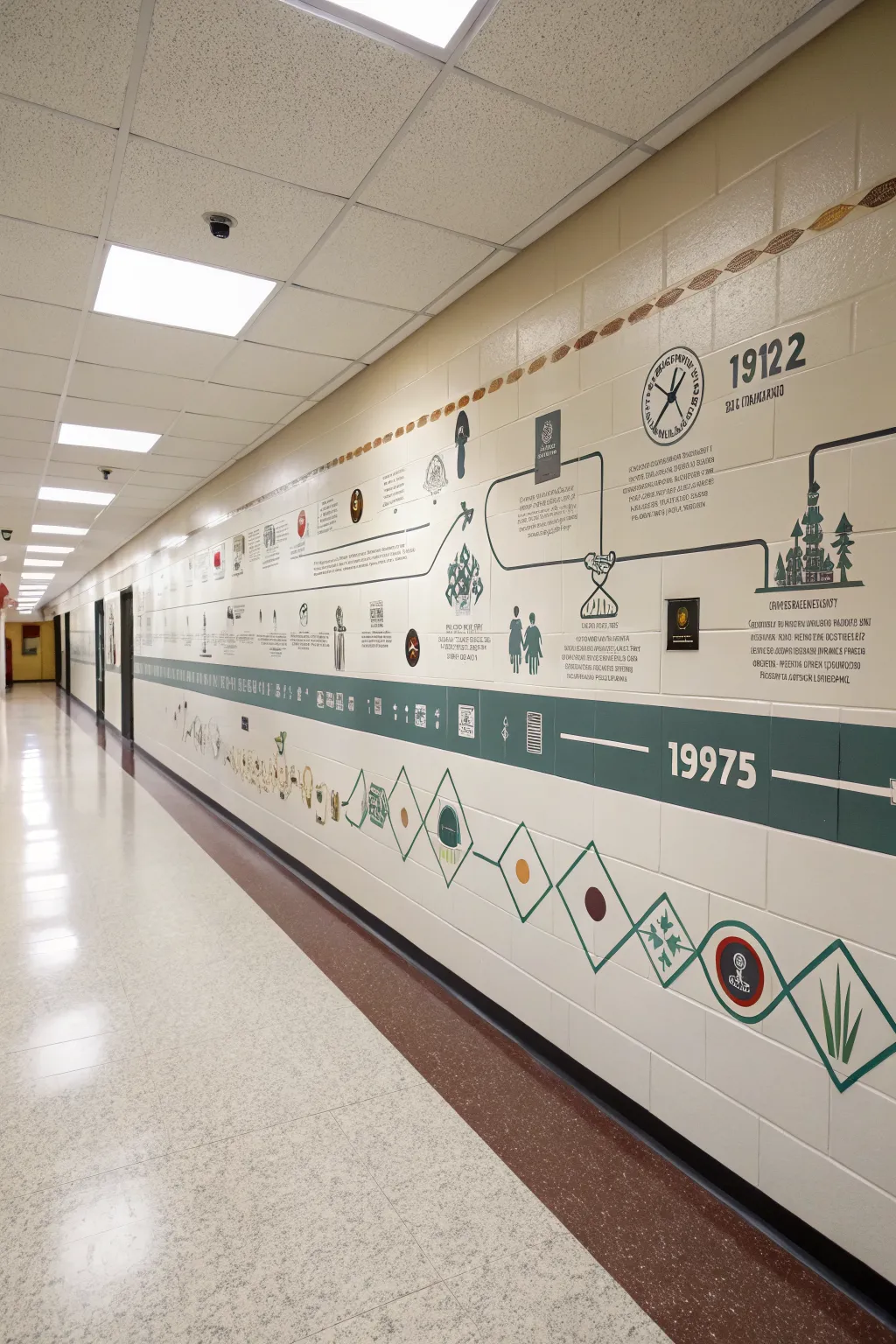 Minimalist timeline band mural with simple icons, a clean school hallway history feature