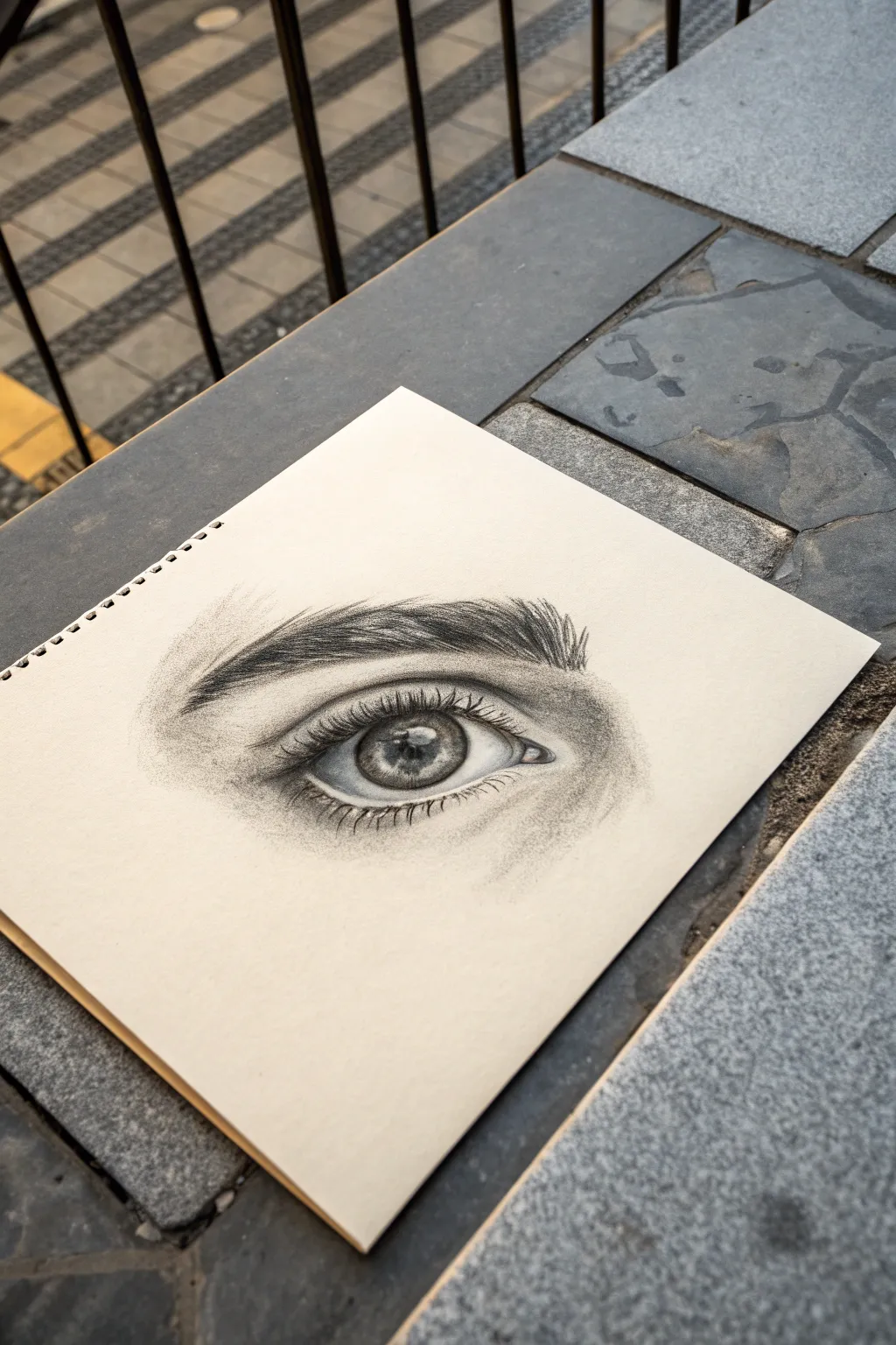 Eye study in layered cross hatching, soft gradients, deep lid shadow, crisp pupil highlight