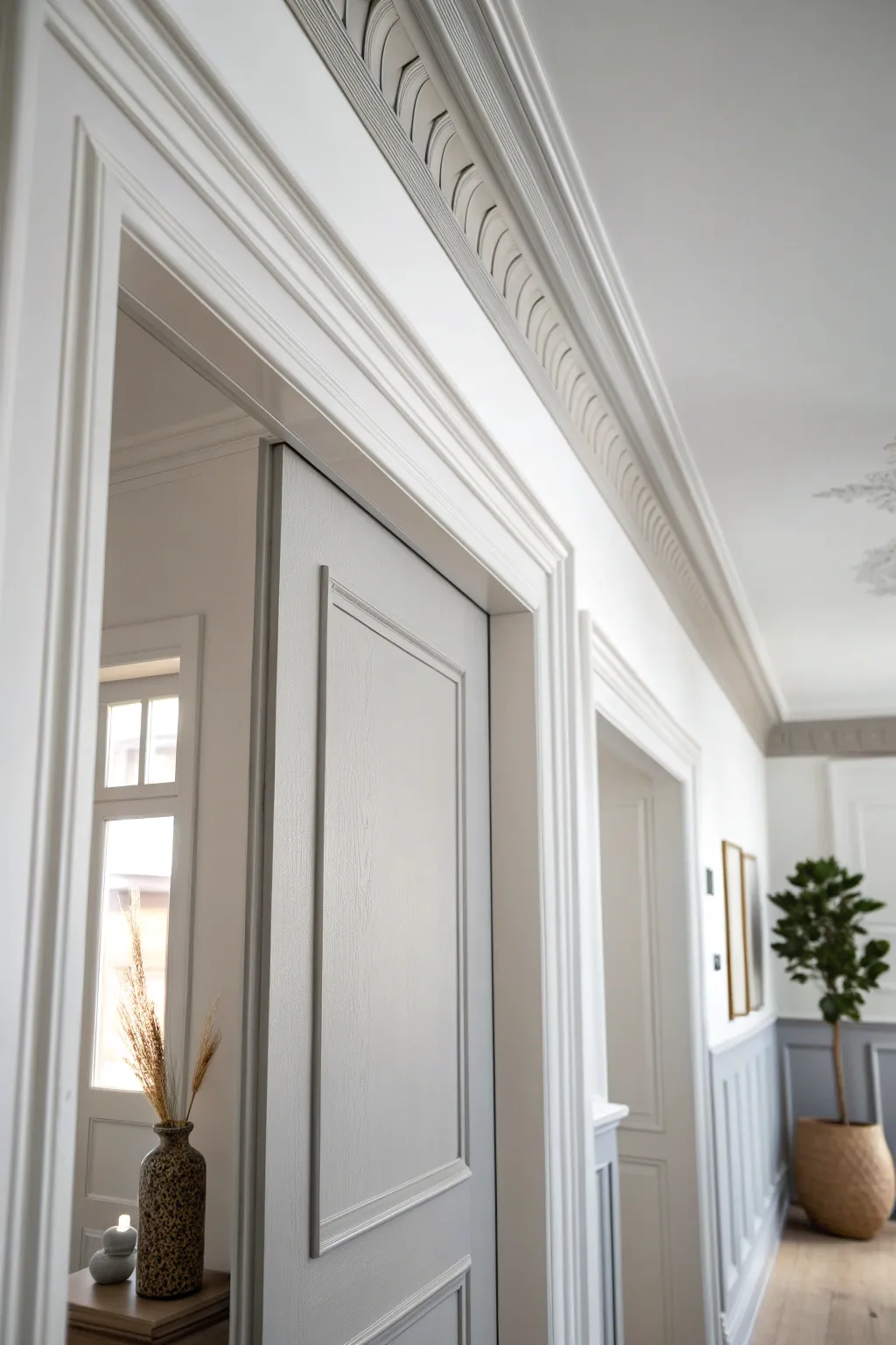 Soft gray crown molding brings gentle contrast and ties in with matching door trim.