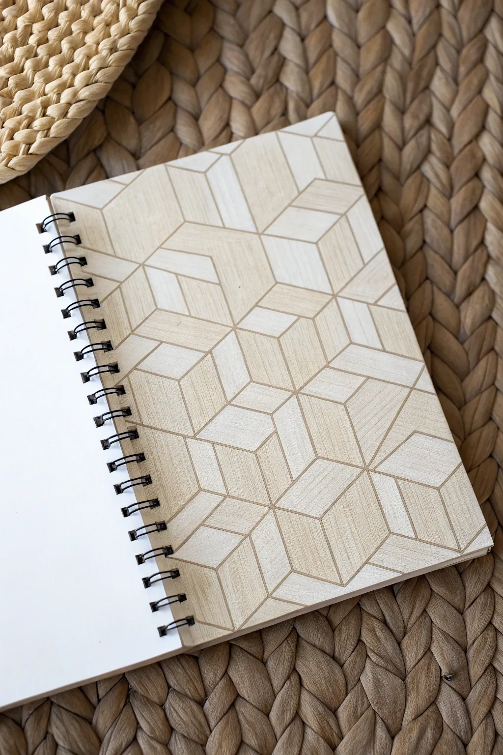 Interlocking cubes pattern using light and shadow to create a woven 3D illusion, clean and calming