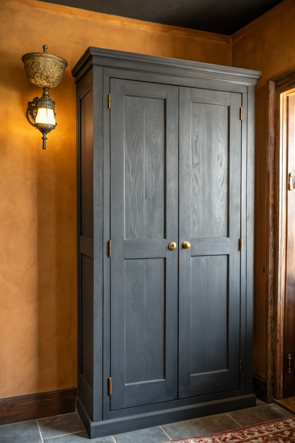 Moody charcoal cupboards melt into matching walls, made cozy with soft amber lighting.