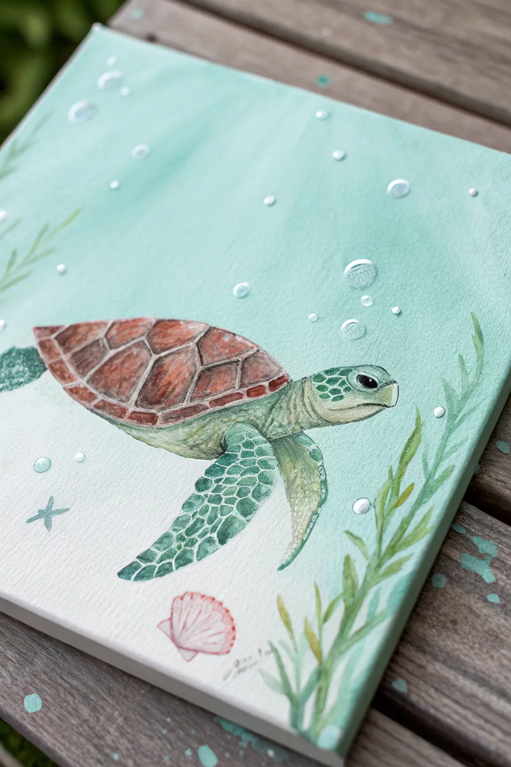 Baby turtle with rosy cheeks and bubbly trail on soft aqua, a sweet minimalist acrylic idea.