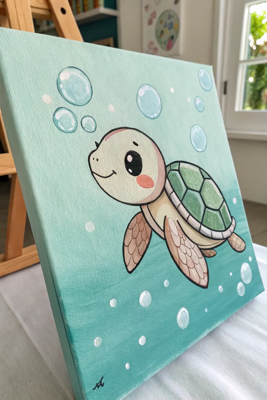 Sweet baby turtle canvas art with bubbly circles, soft aqua wash, and rosy cheeks.