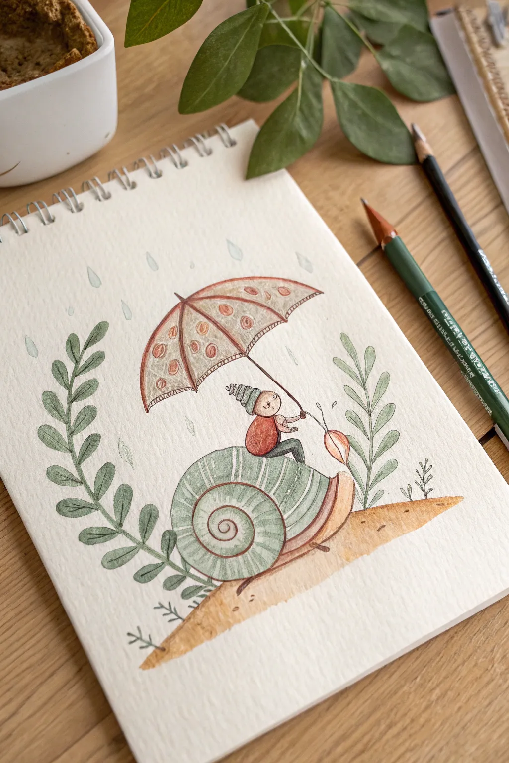 Cute swirly-shell snail with a leaf umbrella, simple line-and-wash sketch for cozy drawing practice.