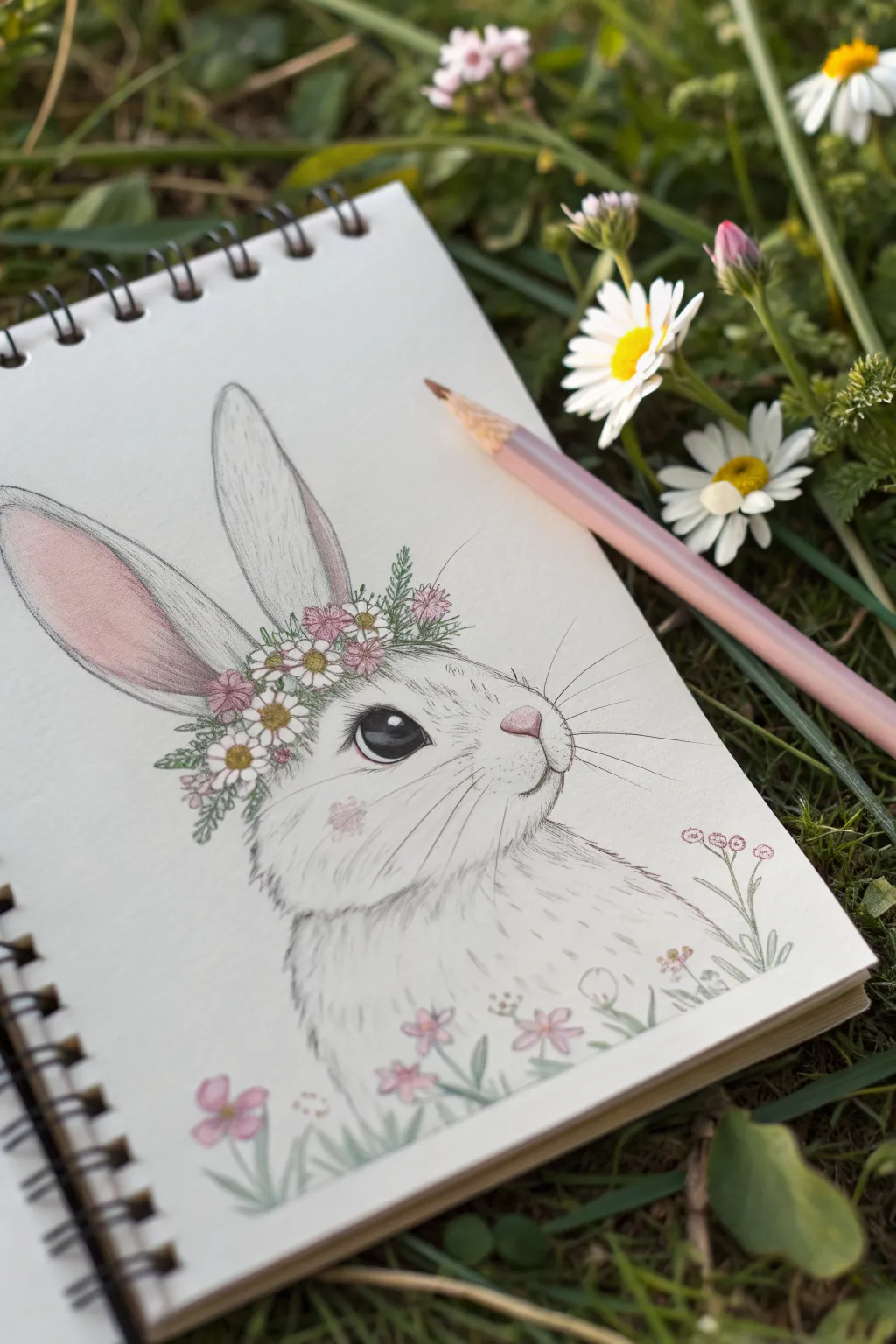 Soft pencil bunny with a tiny flower crown, minimalist and sweet for easy aesthetic sketching