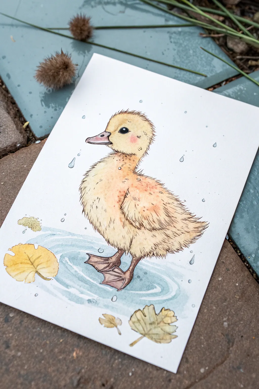 Cozy round duckling splashing in a rain puddle, minimalist Scandinavian boho sketch.
