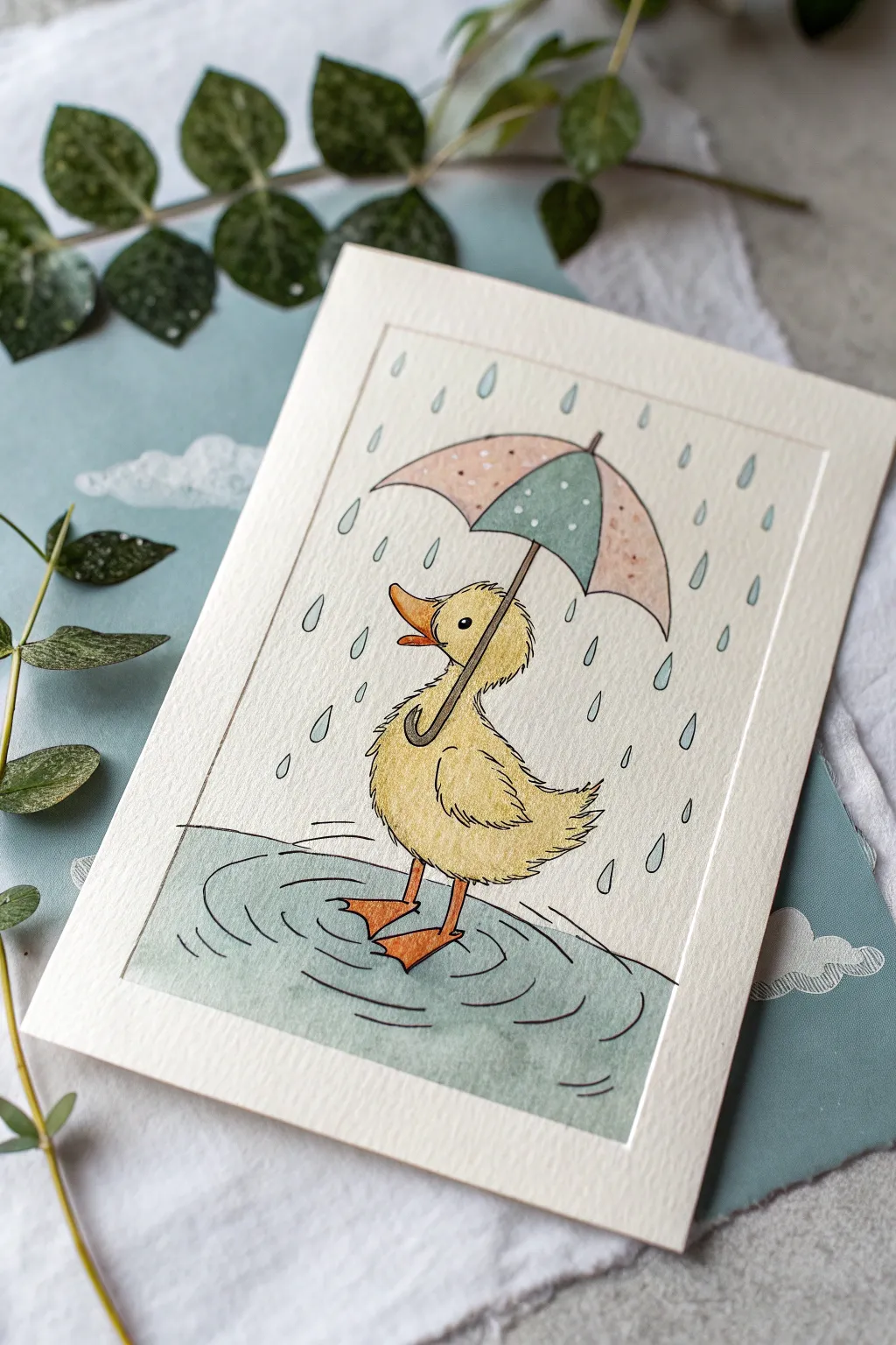 Playful rainy-day duck with a tiny umbrella, soft gray-blue wash and simple rippling puddle.