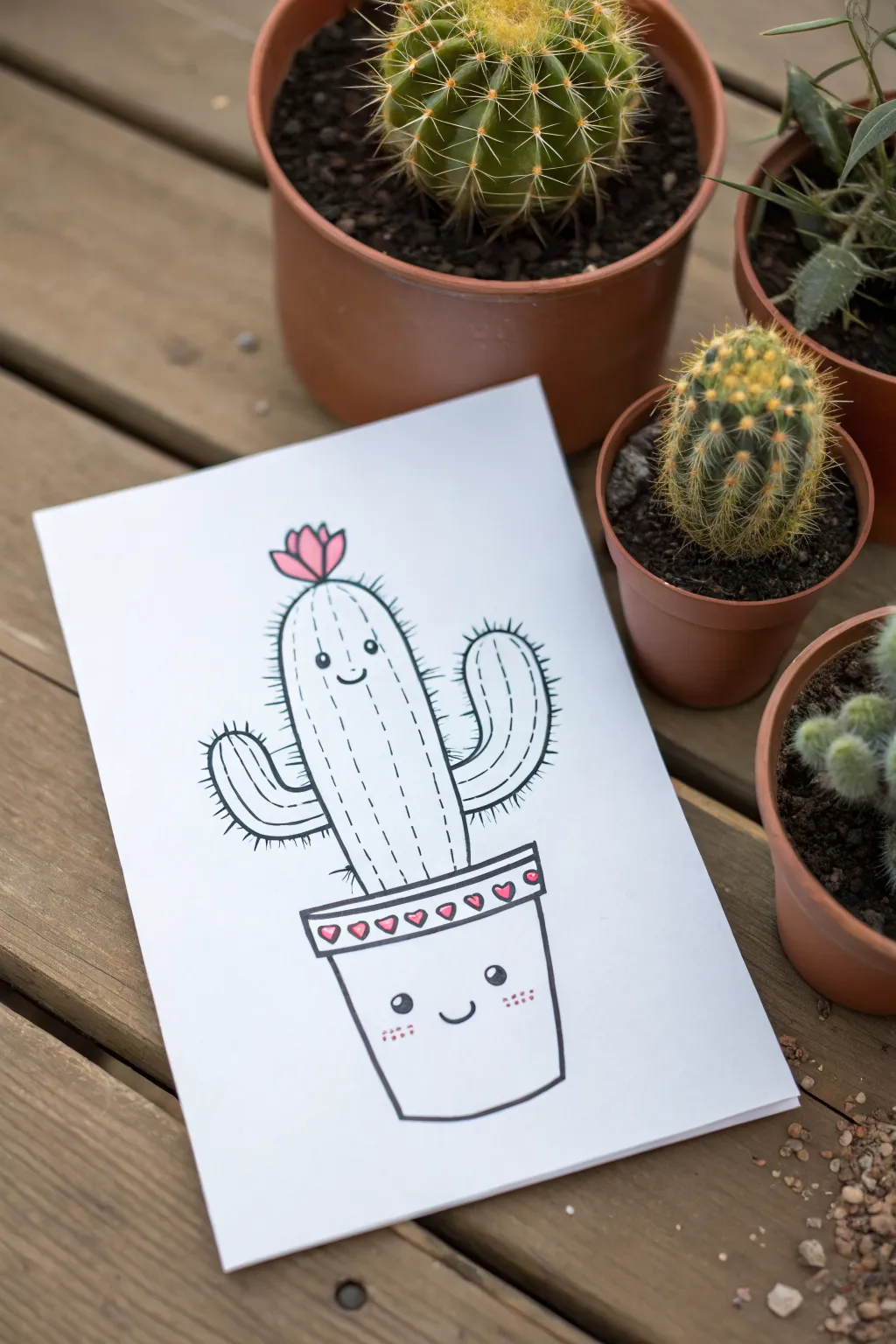 Smiling cactus doodle in 6 easy steps, minimalist line art for cute beginner sketching.