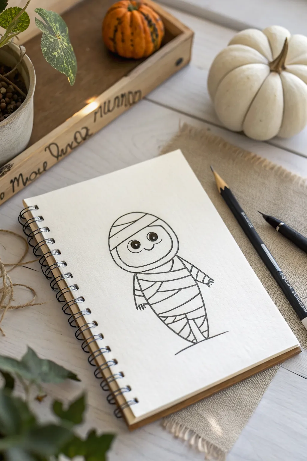 Mini mummy doodle with simple bandage stripes, one peeking eye, and a friendly smile