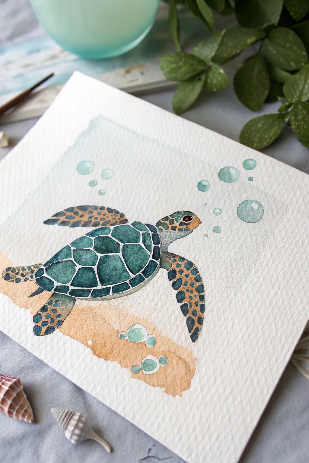 Tiny turtle and bubbly trail in soft aqua—an easy, adorable painting idea for beginners.