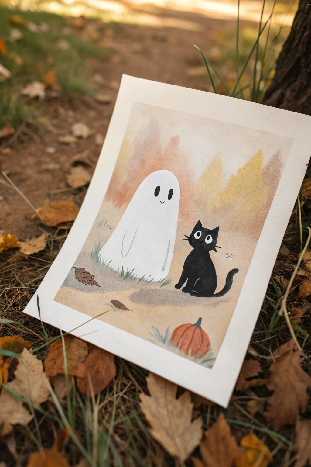 Paint a sweet ghost and its black cat bestie on warm tan for cozy, high-contrast charm.