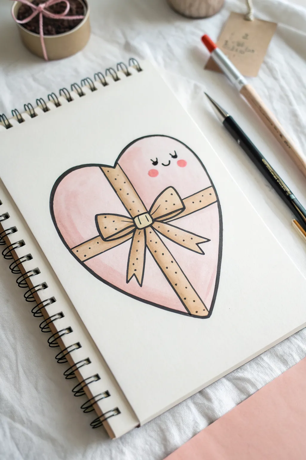 Minimal heart-shaped gift drawing with ribbon and a sweet face, perfect cute gift idea