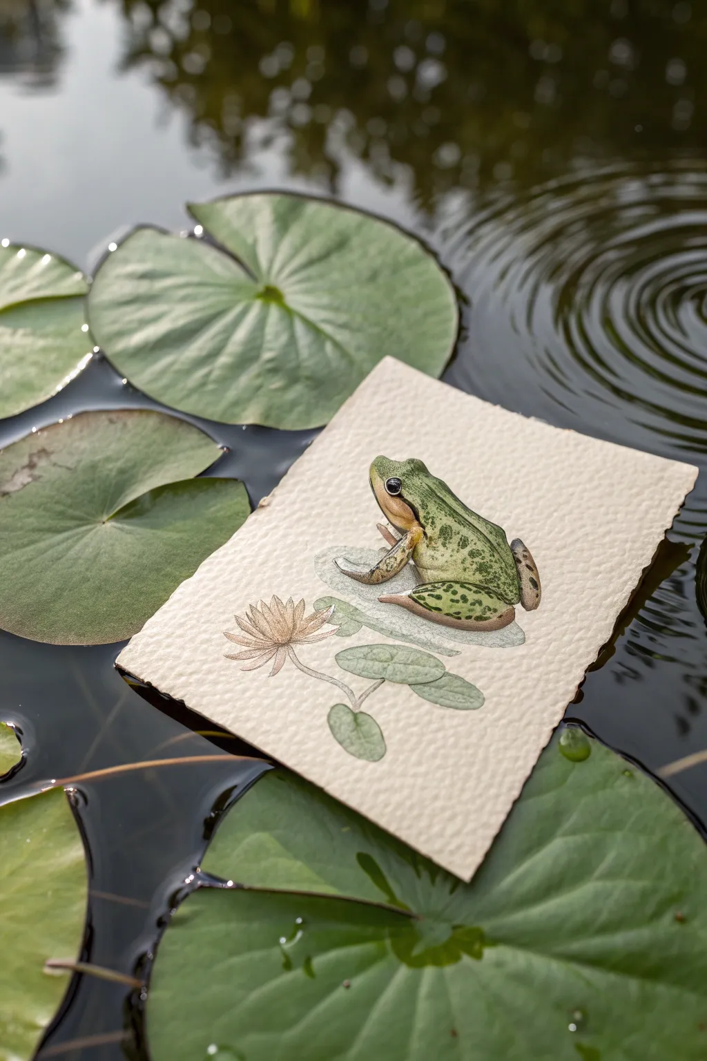 Cute chunky frog on lily pad with ripples, minimalist boho palette for hard drawing practice