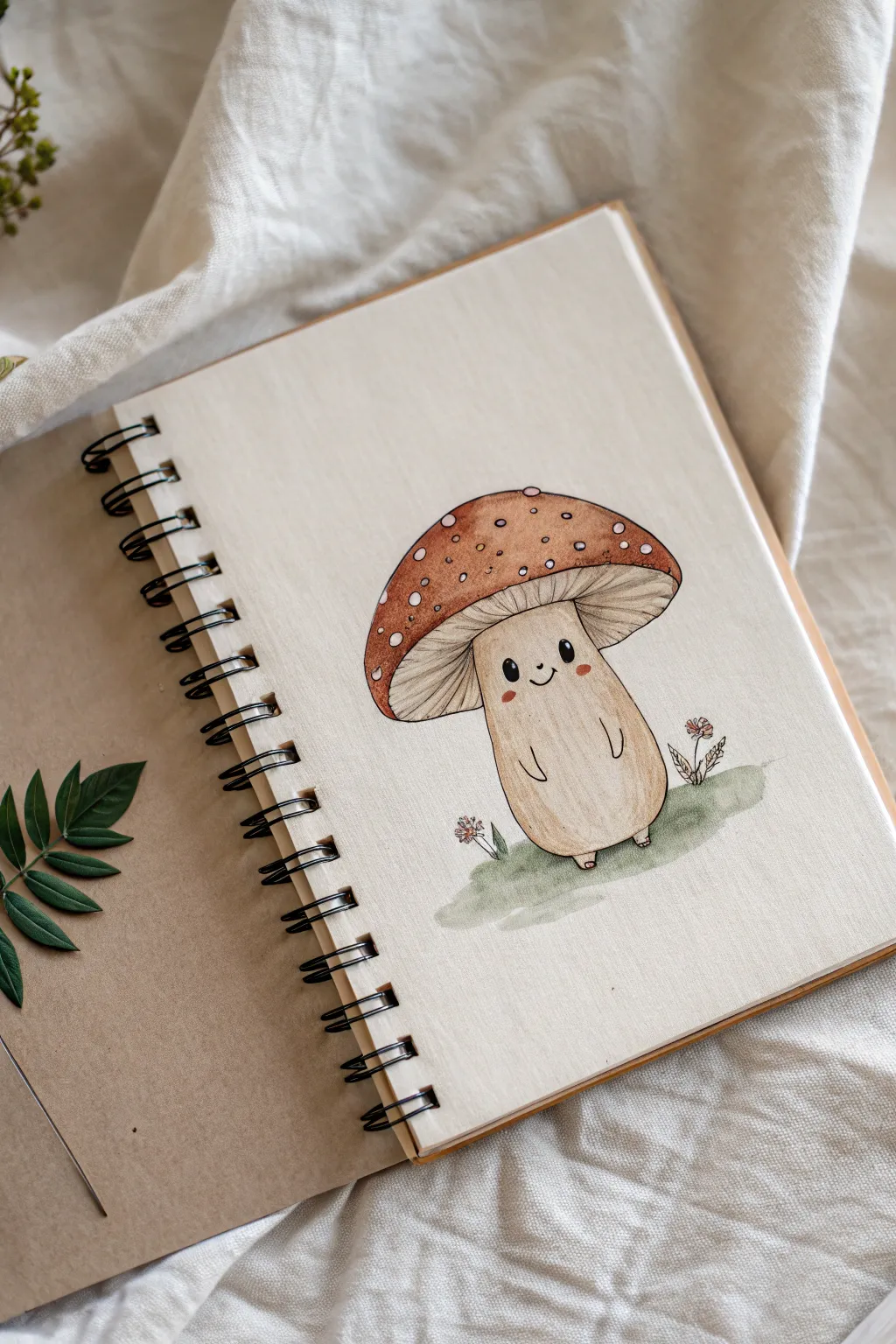 Cozy mushroom-cap monster with tiny spots and rooty feet, drawn in soft earthy tones