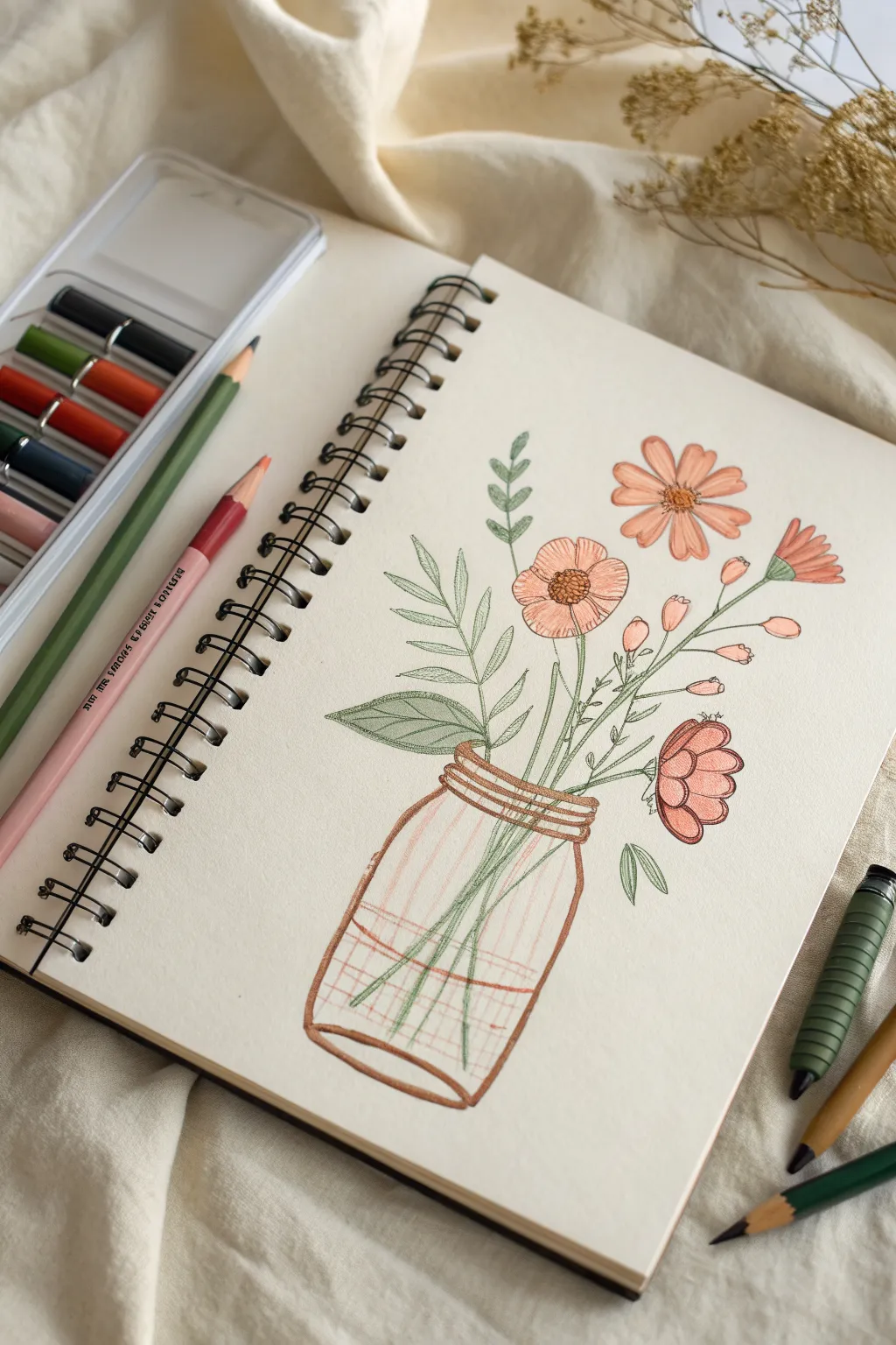 Cute oil pastel bouquet in a mason-jar outline, simple shapes and bold petals for beginners.
