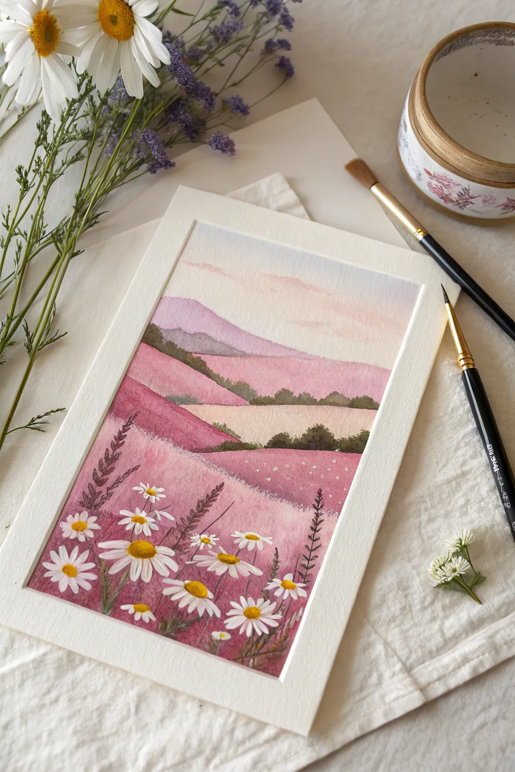 Sweet pastel hills dotted with dabbed daisies, a minimal boho painting idea for beginners.