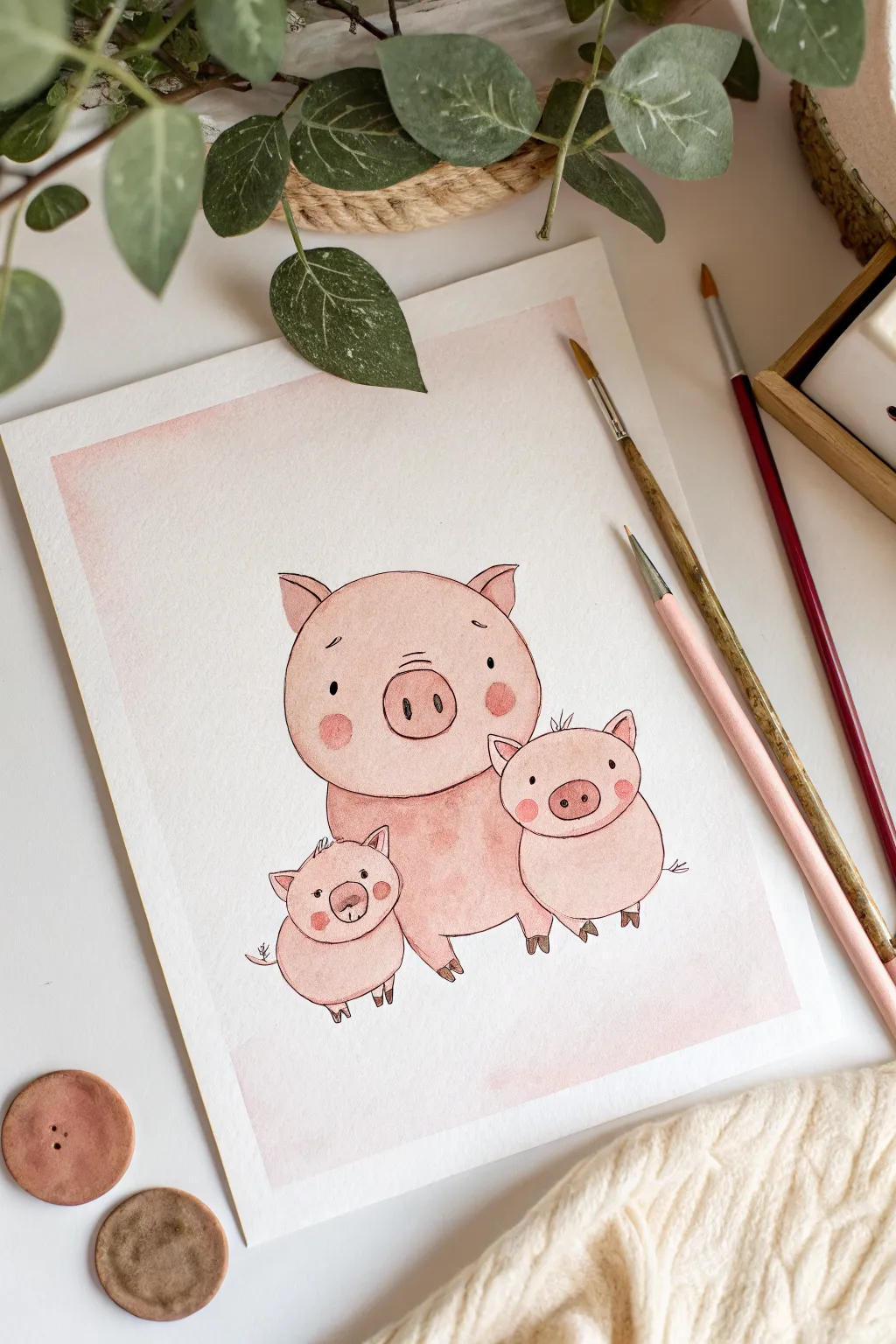 Minimalist pig family trio in soft blush pinks, perfect for an easy cute painting idea