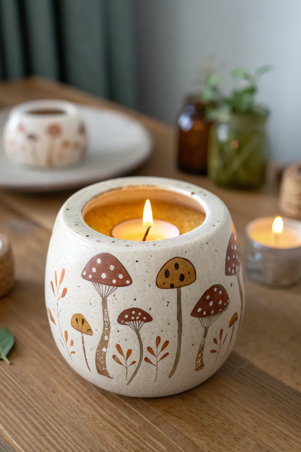 Cozy tealight pottery with a sweet mushroom cluster, warm glow, simple neutral styling.