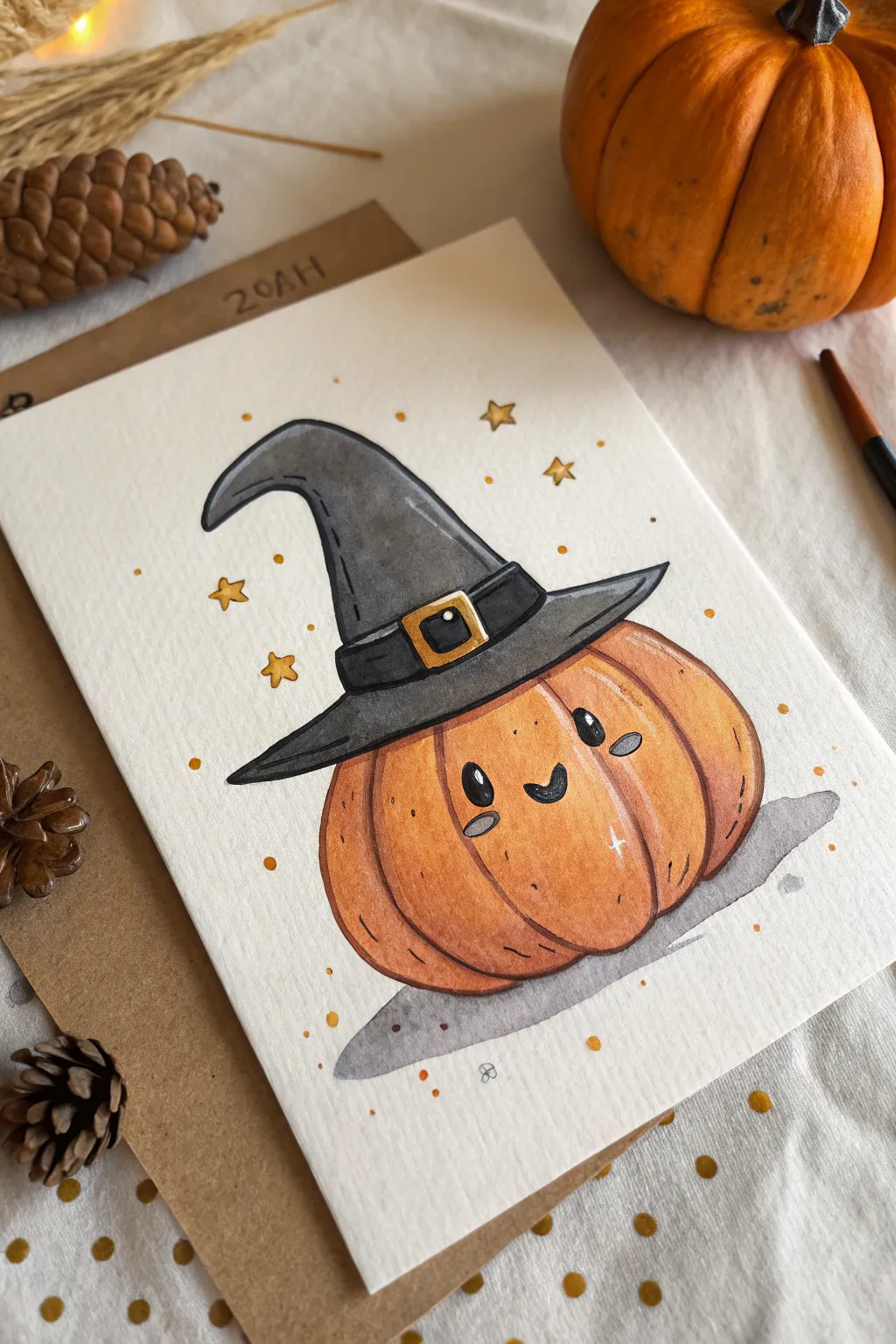 Cute pumpkin with a slouchy witch hat, minimalist lines, warm tones, and subtle magical sparkles