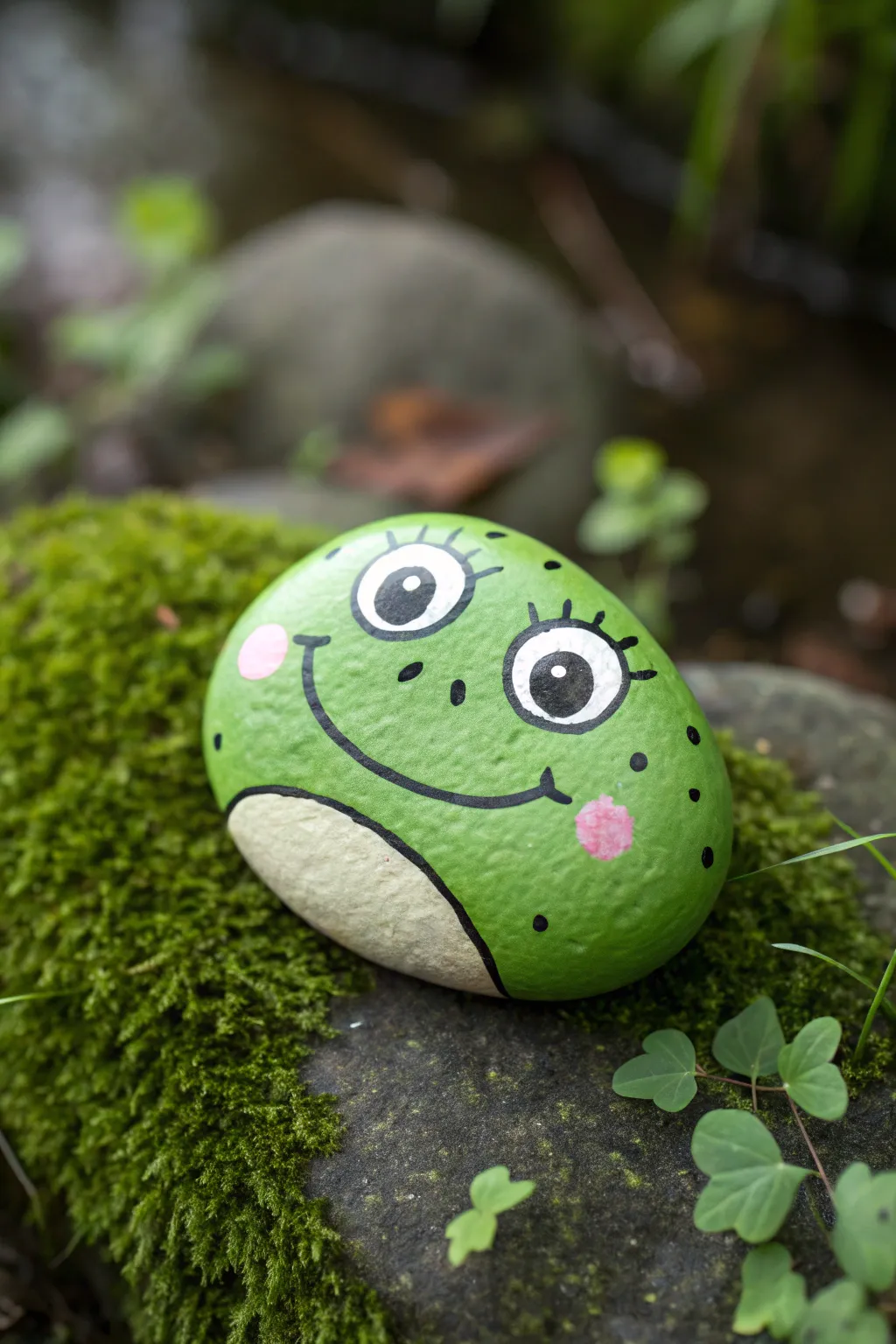 Smiling frog pond rock on dewy moss, minimalist boho styling with crisp handcrafted details