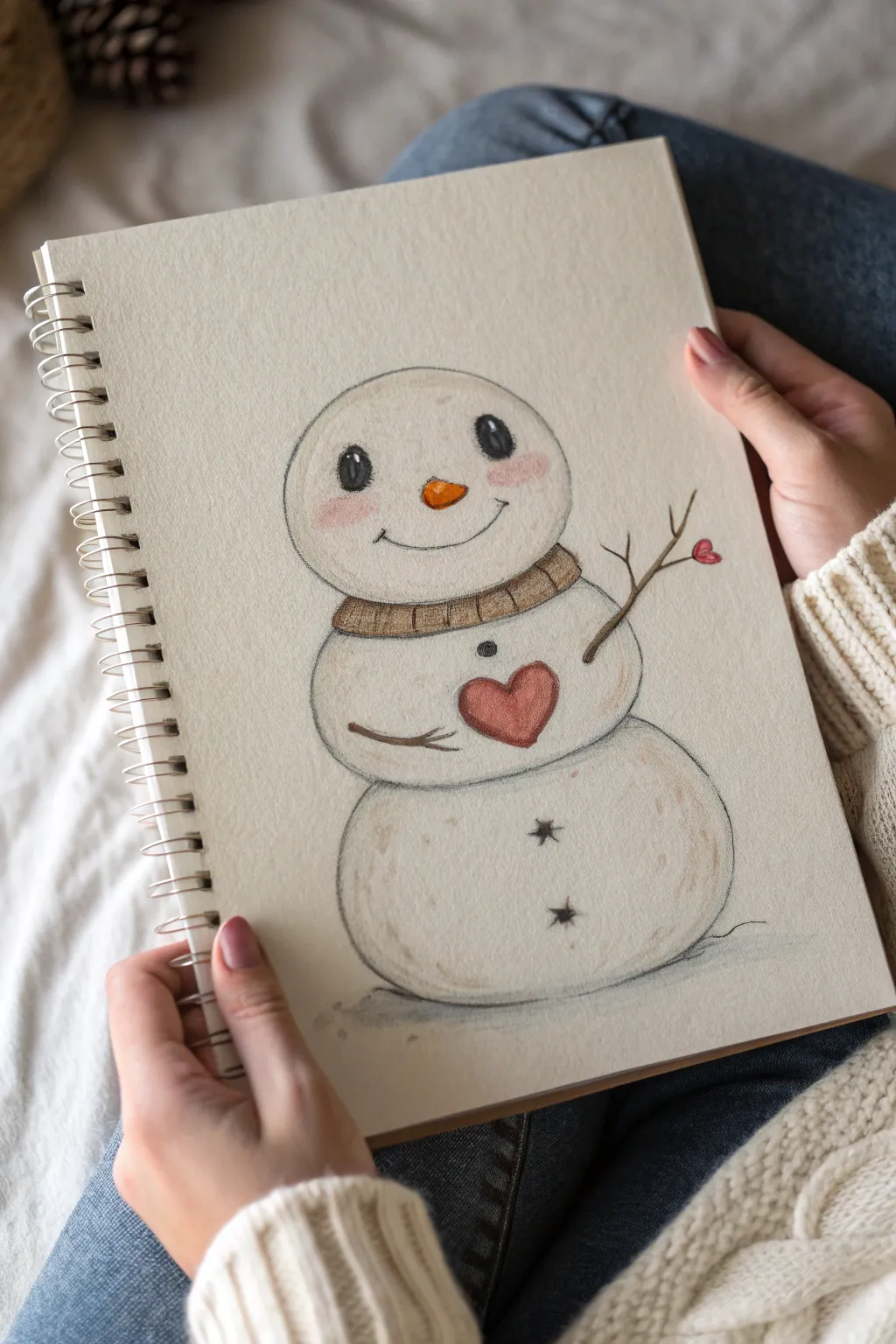 Adorable snowman holding a tiny heart, with rosy cheeks and cozy minimalist winter vibes.