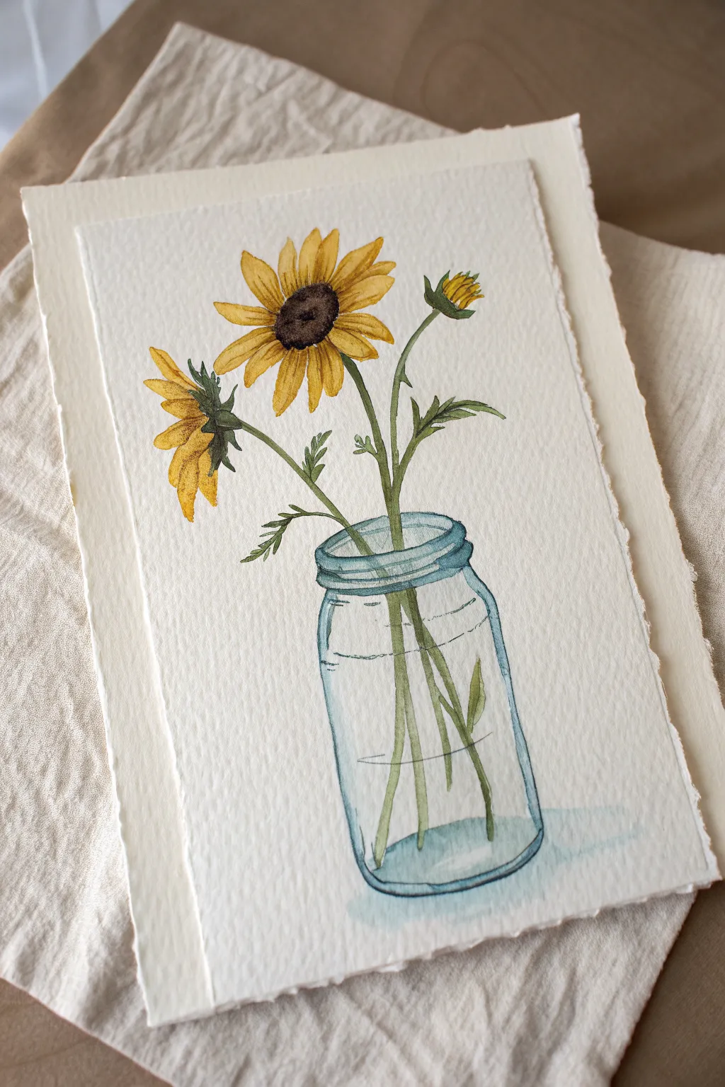 Easy sunflower in a simple jar, minimalist watercolor look with gentle lines and warm boho charm