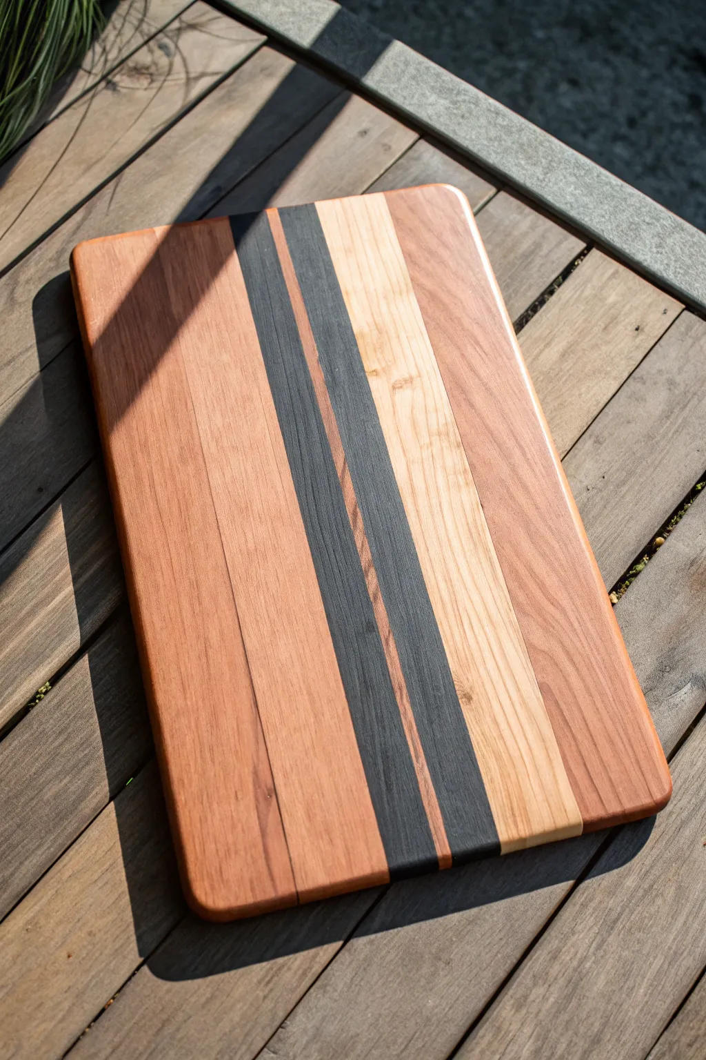 Minimal negative-space stripe cutting board with bold side panels and glowing wood grain texture