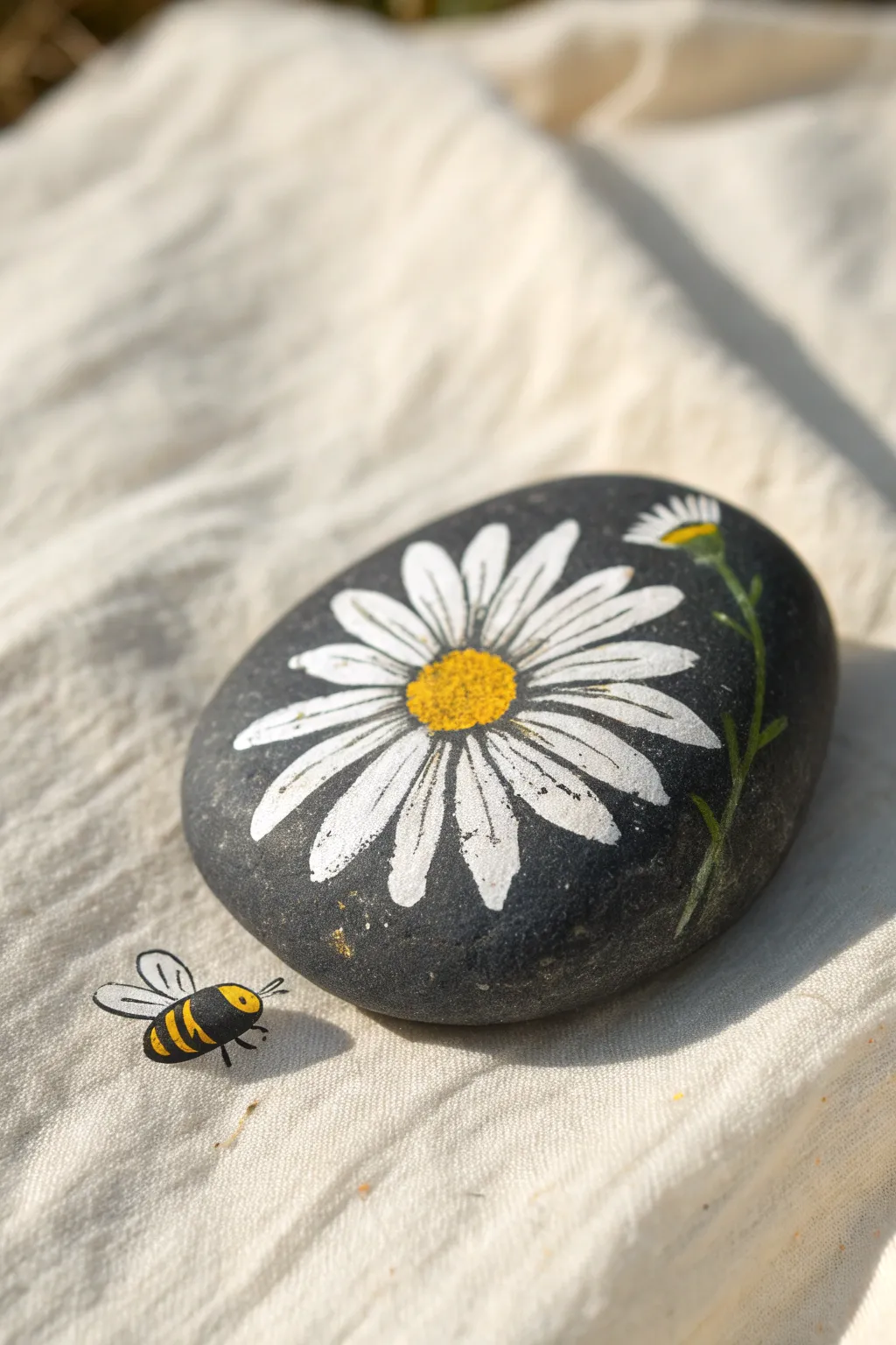 A bold daisy rock with a tiny pollinator detail, minimalist, cozy, and easy to recreate