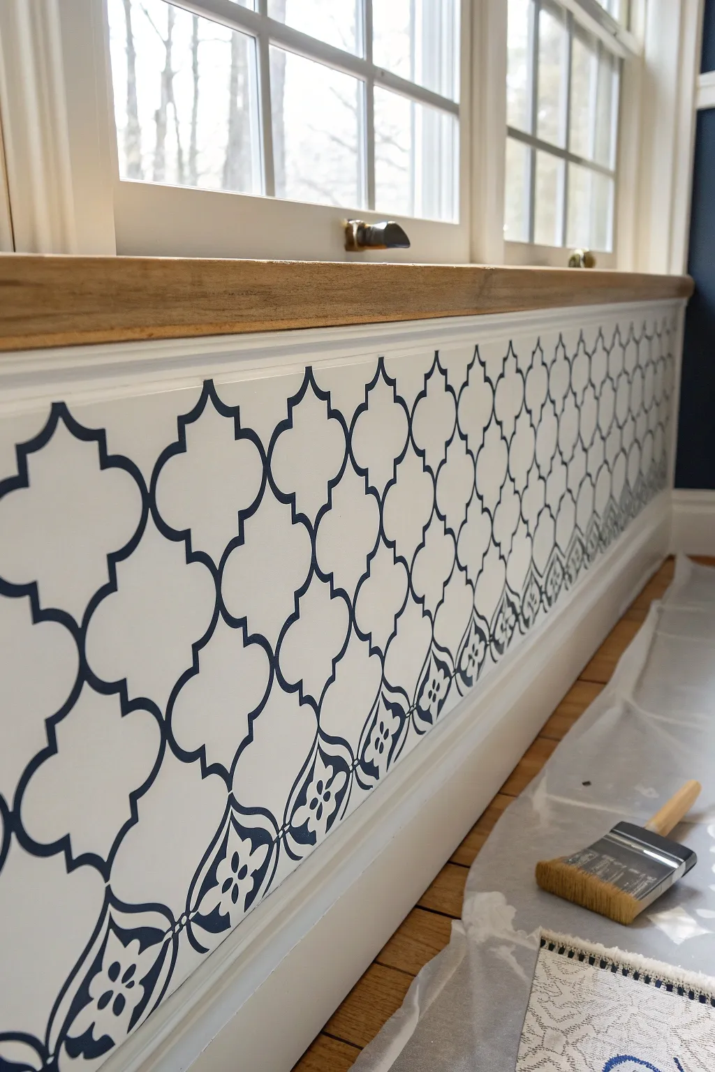 All-over stencil repeat adds instant charm—clean lines, bold contrast, hand-painted warmth.